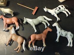 Large Lot Schleich Red Barn and Barnyard Animals Cow Bull Dog Horses FARM STABLE