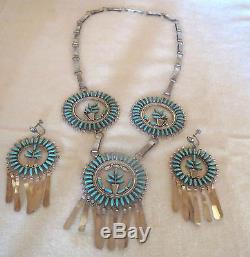 Lg vtg Zuni Needle Point Turquoise Sterling Silver NECKLACE EARRINGS Very Nice