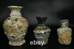 Lot Sale 3 Ancient Large Roman Glass Bottles & Glass Vessels C. 4th-5th Century