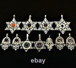 Lot of 11 Filigree Jewish Pendants Silver 925 Hamsa Necklace Star of David Charm
