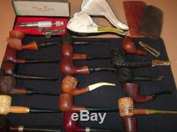 Lot of 19 Vintage Pipes, Kleen Reem Pipe Cleaner & 2 Old Leather Tobacco Pouches