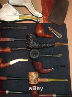 Lot of 19 Vintage Pipes, Kleen Reem Pipe Cleaner & 2 Old Leather Tobacco Pouches