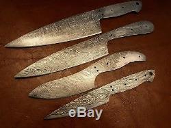 Lot of 4 Handmade Damascus Steel Chef-Kitchen Blank Blade-Knife Making-Lot1