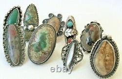 Lot of 9 Old Pawn Sterling Turquoise Petrified Wood Agate Mexican Navajo Rings