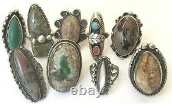 Lot of 9 Old Pawn Sterling Turquoise Petrified Wood Agate Mexican Navajo Rings