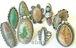 Lot of 9 Old Pawn Sterling Turquoise Petrified Wood Agate Mexican Navajo Rings