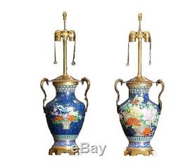 MARBRO Cloisonne Blue Table Lamps, PAIR, Chinese Asian Hollywood Regency Style