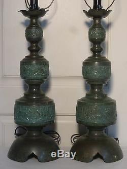 MID Century Chinoiserie Verdigris Brass James Mont Table Lamps Hollywood Regency