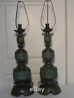 MID Century Chinoiserie Verdigris Brass James Mont Table Lamps Hollywood Regency