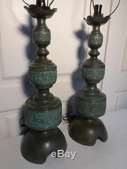 MID Century Chinoiserie Verdigris Brass James Mont Table Lamps Hollywood Regency