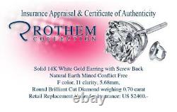 MSRP $2,400 Single Diamond Earring Stud 0.70 Karat I1 White Gold 52610324