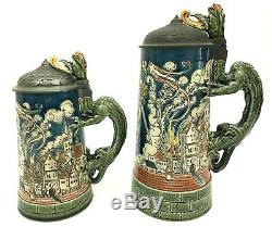 Mettlach 1786 Antique German Beer Stein St Florian Lot Dragon Firefighter Gift