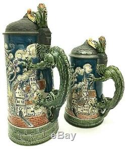 Mettlach 1786 Antique German Beer Stein St Florian Lot Dragon Firefighter Gift