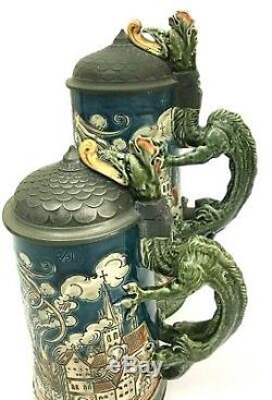 Mettlach 1786 Antique German Beer Stein St Florian Lot Dragon Firefighter Gift