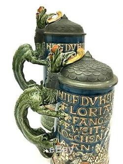 Mettlach 1786 Antique German Beer Stein St Florian Lot Dragon Firefighter Gift