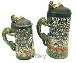 Mettlach 1786 Antique German Beer Stein St Florian Lot Dragon Firefighter Gift