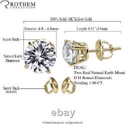 Natural Earth 1.00 CT D I1 Diamond Stud Earrings 14K Yellow Gold 54413033