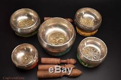 Nepalese Hand Made Silver 5 Chakra Complete Set Singing Bowl With Amazing Sounds