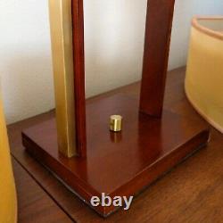 Pair (2) Mid-Century Modern Wood Brass Nova Table Lamps Fiberglass 2-Tier Shades