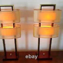 Pair (2) Mid-Century Modern Wood Brass Nova Table Lamps Fiberglass 2-Tier Shades