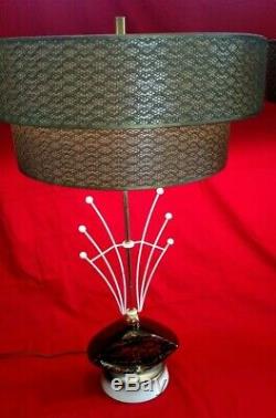 Pair Of 2 Mid Century Modern Table Lamps & Shades 2 Tier Fiberglass Sputnik
