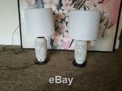 Pair Of Vintage Reticulated Blanc De Chine Porcelain Cherry Blossom Lamps