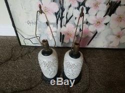 Pair Of Vintage Reticulated Blanc De Chine Porcelain Cherry Blossom Lamps