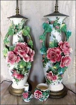 Pair of LARGE ITALIAN PORCELAIN TABLE LAMPS Roses in Relief CAPO di MONTE