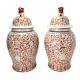 Pair Of Large Chinese Porcelain Temple Ginger Jars Orange White China Rare