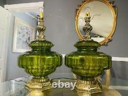 Pair of Vintage Extra Large Green Glass & Brass Table Lamps