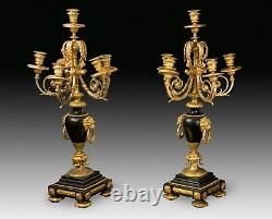Pair of candelabra. Belgian bronze and marble. 19th century