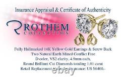 Real 1 CT Diamond Earrings One ct Yellow Gold Studs ctw VS2 D 30951550