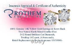 Real Solitaire Diamond Stud Earrings 1.02 Karat Yellow Gold I2 Studs 54423354