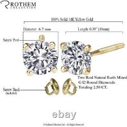 Real Solitaire Diamond Stud Earrings 2.50 Karat Yellow Gold I2 Studs 53335354
