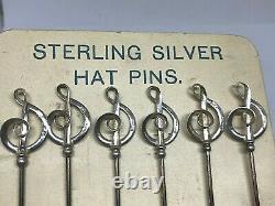 SIX Antique Hat Pin Sterling Swirling Treble Notes. Charles Horner Collectible