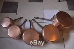 Saucer Pan Set (5) Vintage Made in France Copper Cast Iron Handles Tin Lining