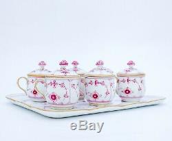 Serving Tray with 6 Cremecups Ruby Red & Gold Blue Fluted Royal Copenhagen