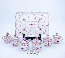 Serving Tray with 6 Cremecups Ruby Red & Gold Blue Fluted Royal Copenhagen