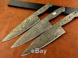 Set of 3 Handmade Damascus Steel Chef-Kitchen Blank Blade-Knife Making-K1