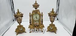 Signed Lancini Gilt Brass Mantel Clock And Urns Set With Handpainted Porcelain