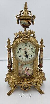 Signed Lancini Gilt Brass Mantel Clock And Urns Set With Handpainted Porcelain