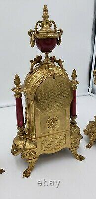 Signed Lancini Gilt Brass Mantel Clock And Urns Set With Handpainted Porcelain