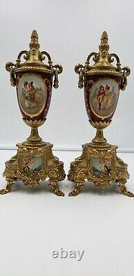 Signed Lancini Gilt Brass Mantel Clock And Urns Set With Handpainted Porcelain