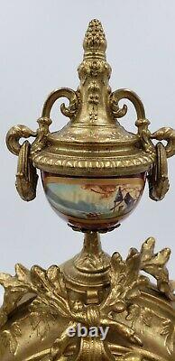 Signed Lancini Gilt Brass Mantel Clock And Urns Set With Handpainted Porcelain