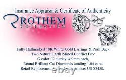 Solitaire Diamond Earrings 1.04 Carat ctw White Gold Ear Studs 18K I2 53944287