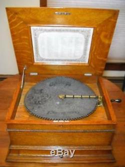 Super Antique Regina 15.5 Single Comb Disc Music Box Oak Cabinet with 6 Discs