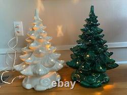 TWO Vintage Atlantic Mold Ceramic Christmas Trees 17 Ivory + Green