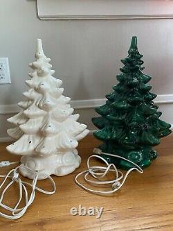 TWO Vintage Atlantic Mold Ceramic Christmas Trees 17 Ivory + Green