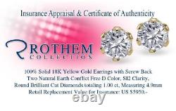 Unique 1.00 CT D SI2 Round Diamond Stud Earrings 18K Yellow Gold Crown 51534306
