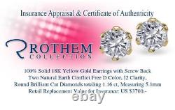 Unique 1.16 CT D I2 Round Diamond Stud Earrings 18K Yellow Gold Crown 54482306